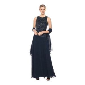 JKARA Navy Sequin Mother of Bride Evening Gown